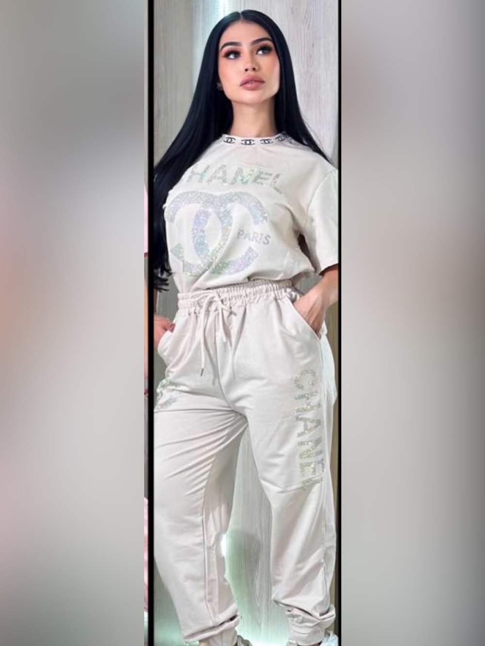 Cream Crystal-Embellished Drawstring Jogger Pants and matching shirt size S